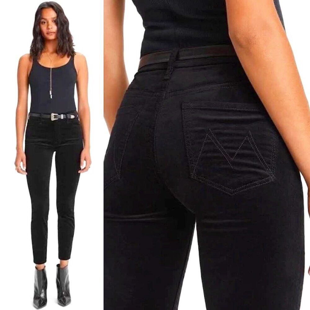 NWT MOTHER The Looker Black Velvet High Waist Soft Skill Ankle Jean 24 MSRP $258